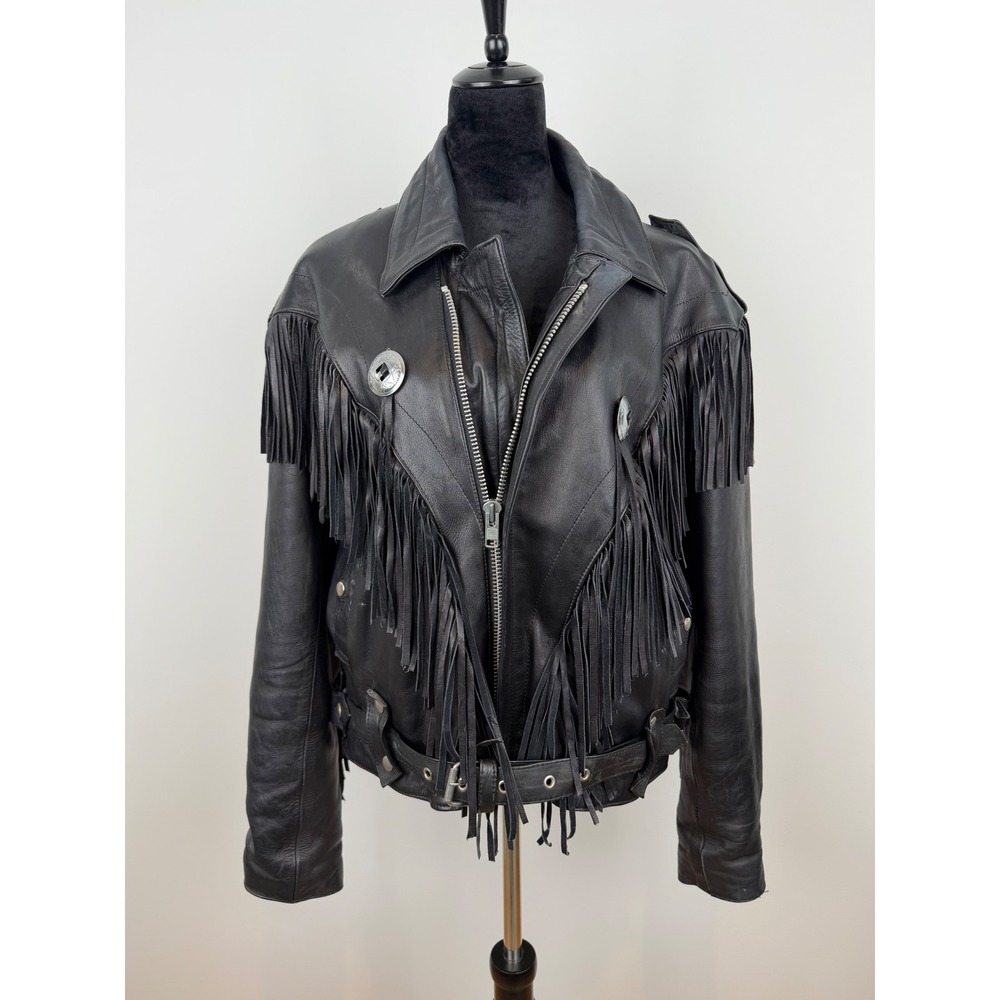 Genuine Leather Fringe Jacket Womens Size 42 90s Vintage Biker Western Moto